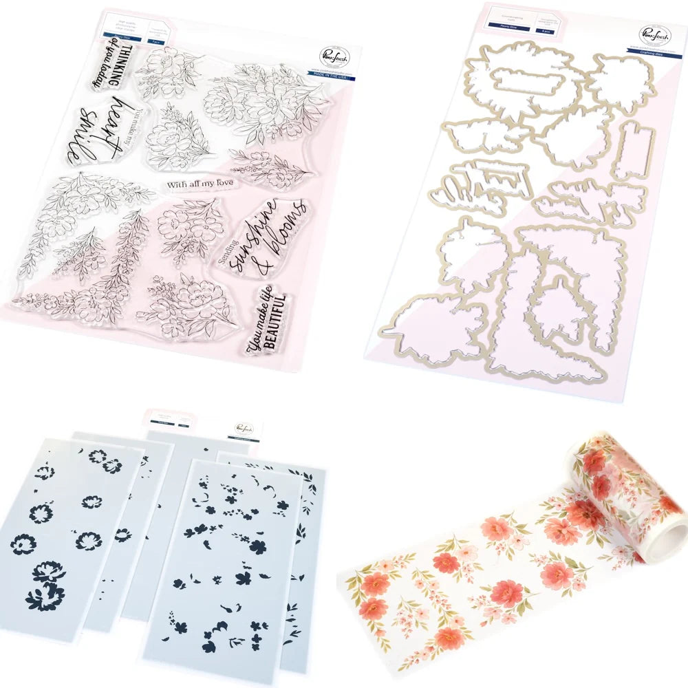 Pinkfresh Studio - Peony Glow - Stamps, Dies, Stencils and Press Plates Bundle