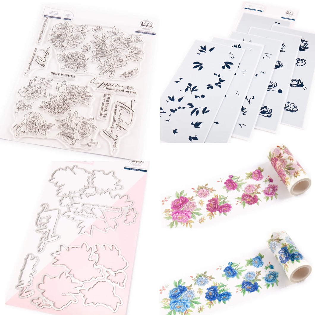 Pinkfresh Studio - Peony Perfection - Stamp Set, Die Set, Stencil Set and Washi Tape Bundle