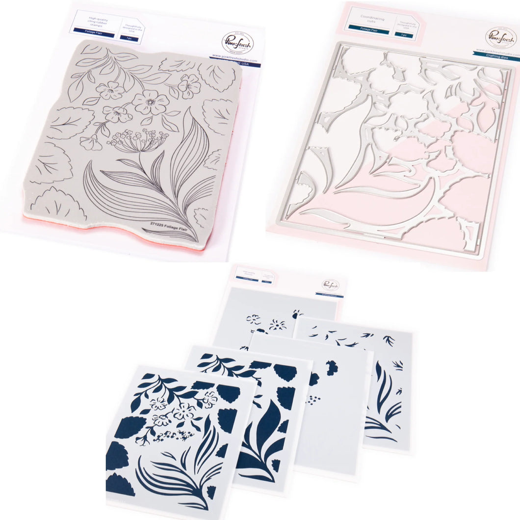 Pinkfresh Studio - Foilage Flair - Stamp Set, Die Set and Stencil Set Bundle