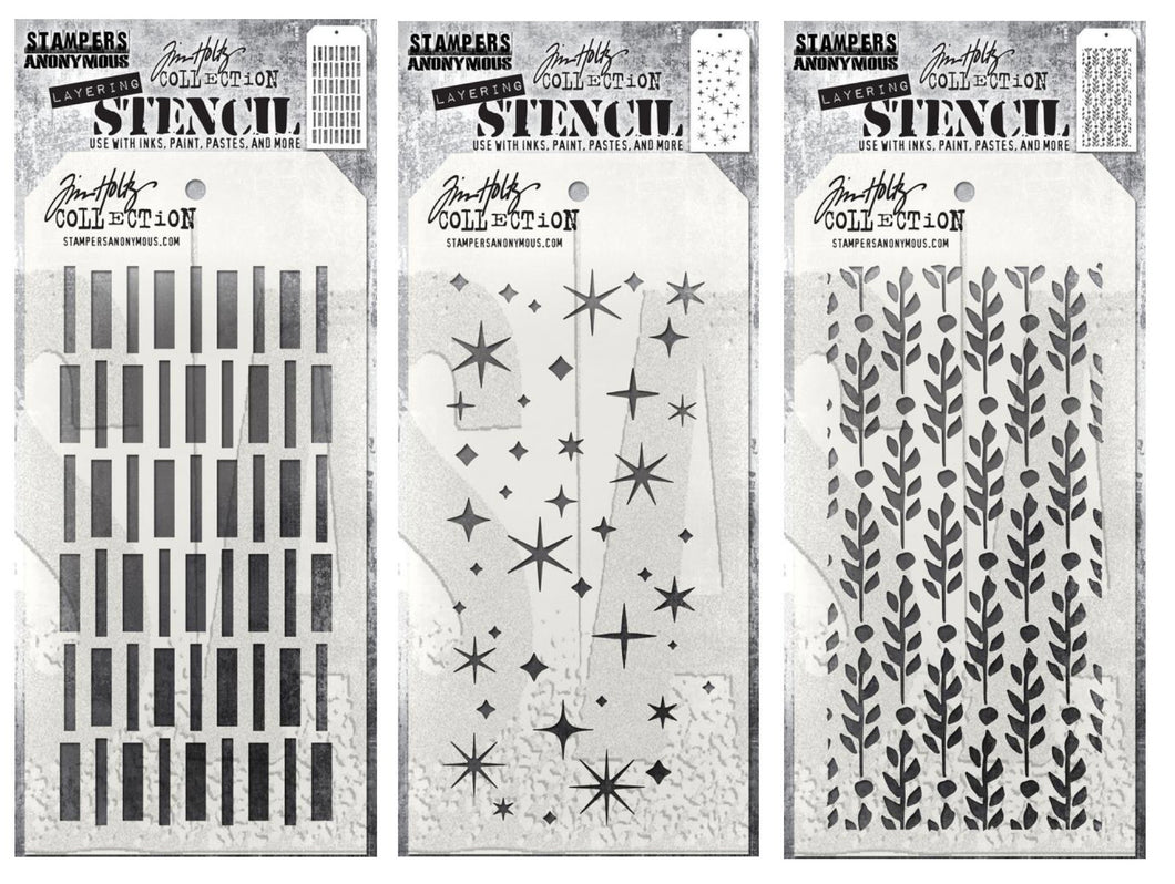 Stampers Anonymous - Tim Holtz - Layering Stencil Set - Sticks, Twinkle and Berry Leaves