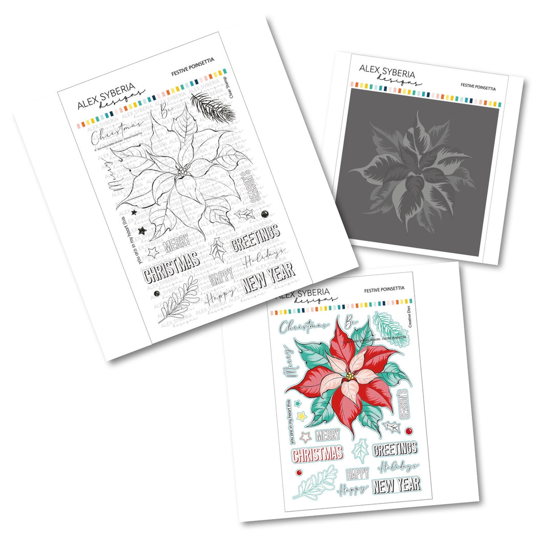 Alex Syberia Designs - Festive Poinsettia - Stamp Set, Die Set and Stencil Set Bundle