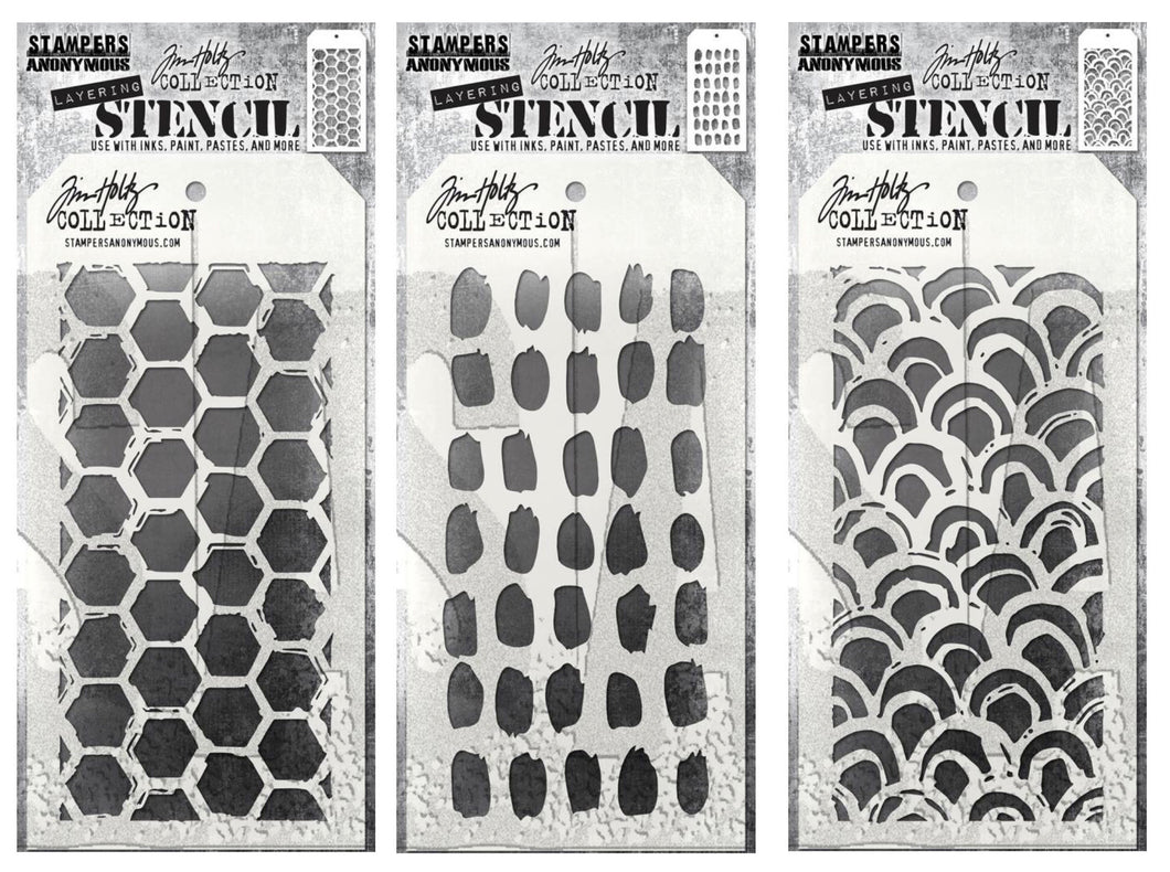Stampers Anonymous - Tim Holtz - Layering Stencil Set - Brush Hex, Brush Mark and Brush Arch