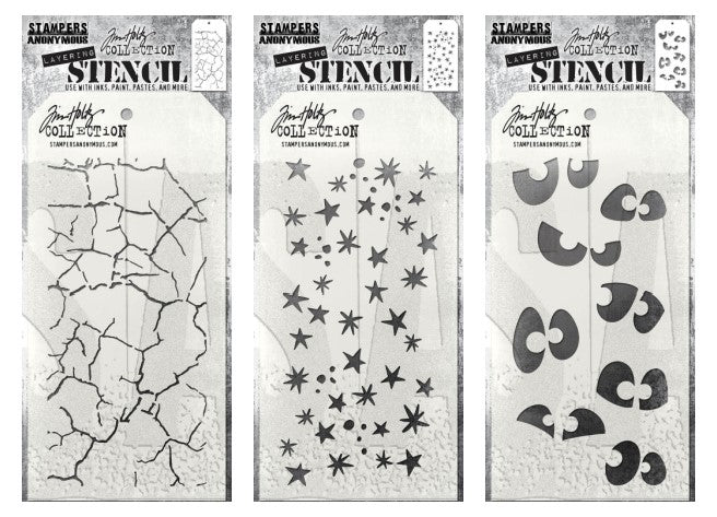 Stampers Anonymous - Tim Holtz - Layering Stencil Set - Fractured, Spellbound & Peekaboo