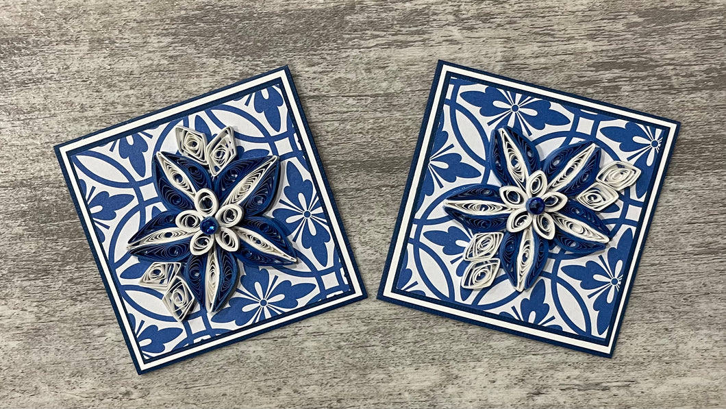 Set of 2 Handmade Mini Cards - Blue and White Quilled Cards