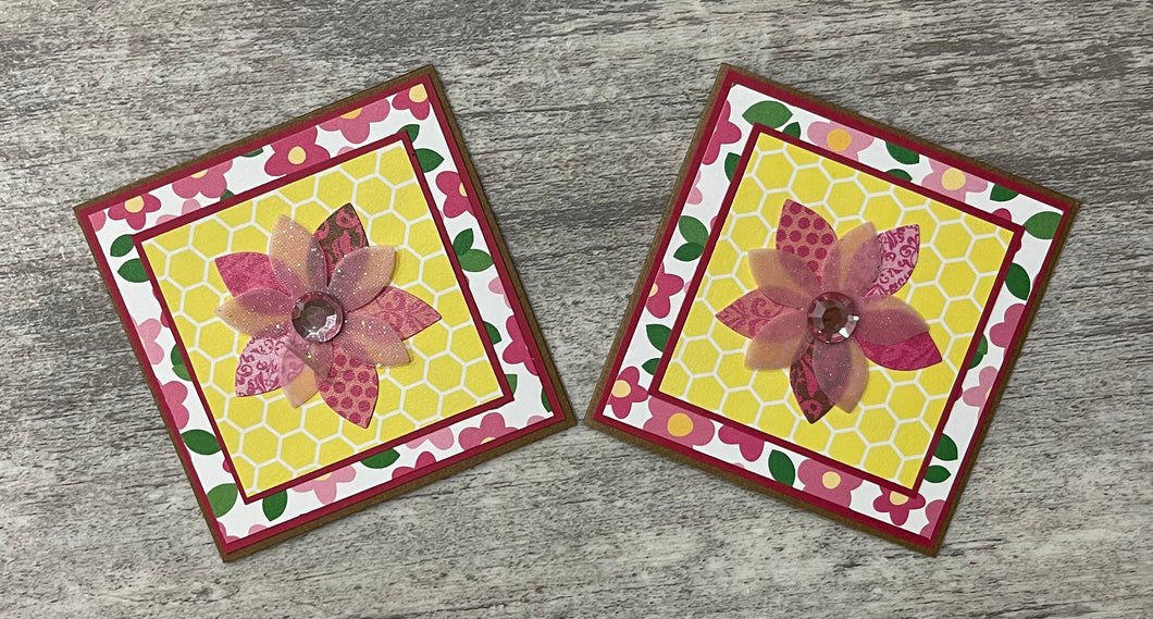 Set of 2 Handmade Mini Cards - Pink Flower Cards