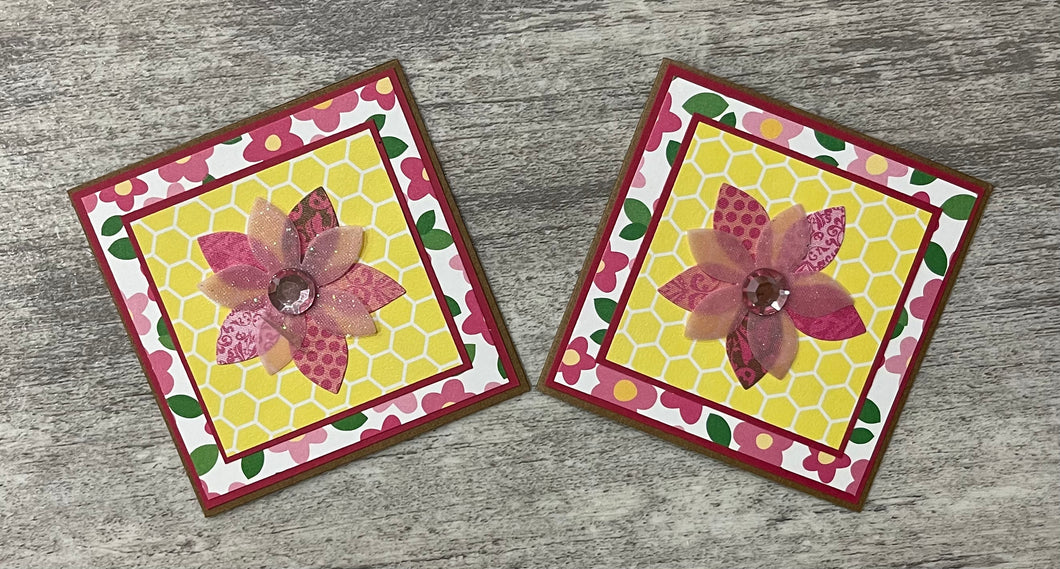 Set of 2 Handmade Mini Cards - Pink Flower Cards