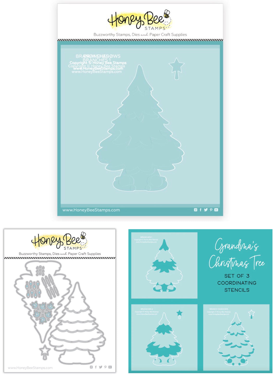 Honey Bee Stamps - Grandma’s Christmas Tree - Embossing Folder, Stencils and Die Set Bundle